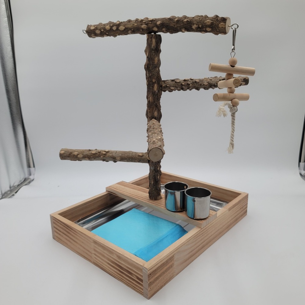 Natural Wood Bird Playstand Tabletop Gym with Stainless Steel Tray‎ and Cups